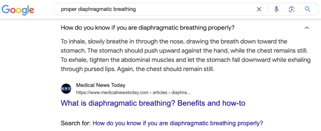 This image displays Google's featured snippet for diaphragmatic breathing. It describes belly breathing instructions in an incorrect manner.